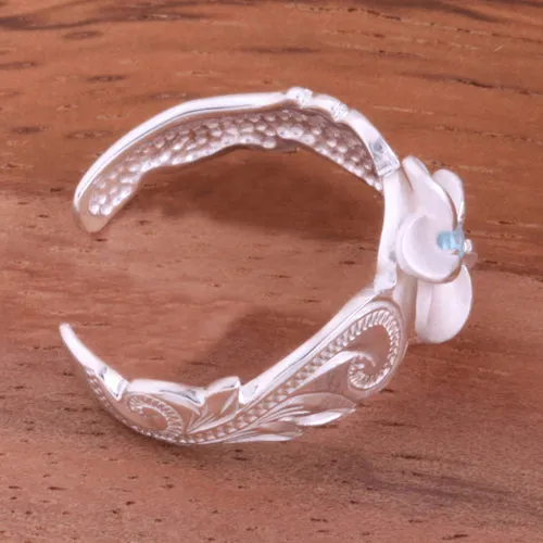 Hawaiian Scroll 8mm Plumeria with Blue CZ Cut Out Edge Toe Ring