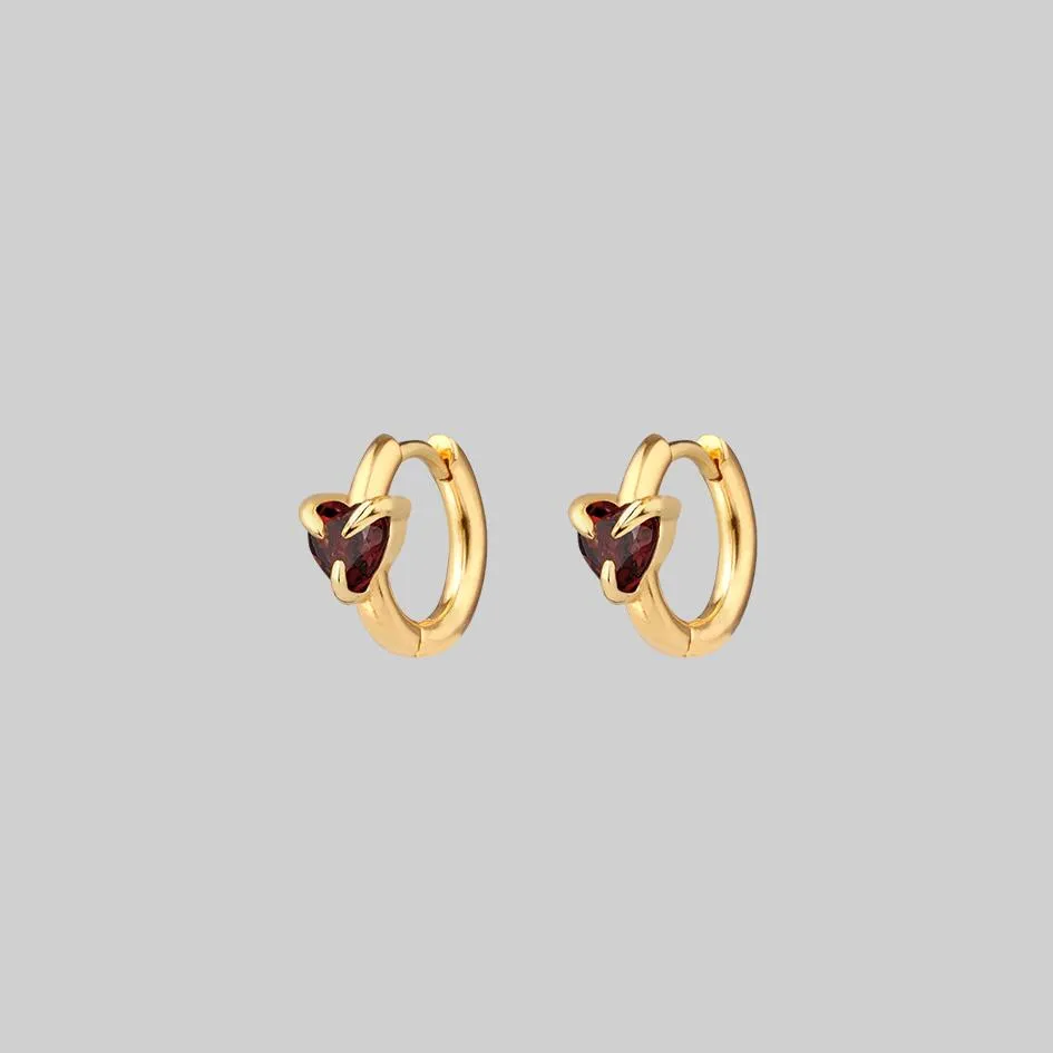 HEART & SOUL. Garnet Heart Hoop Earrings - Gold