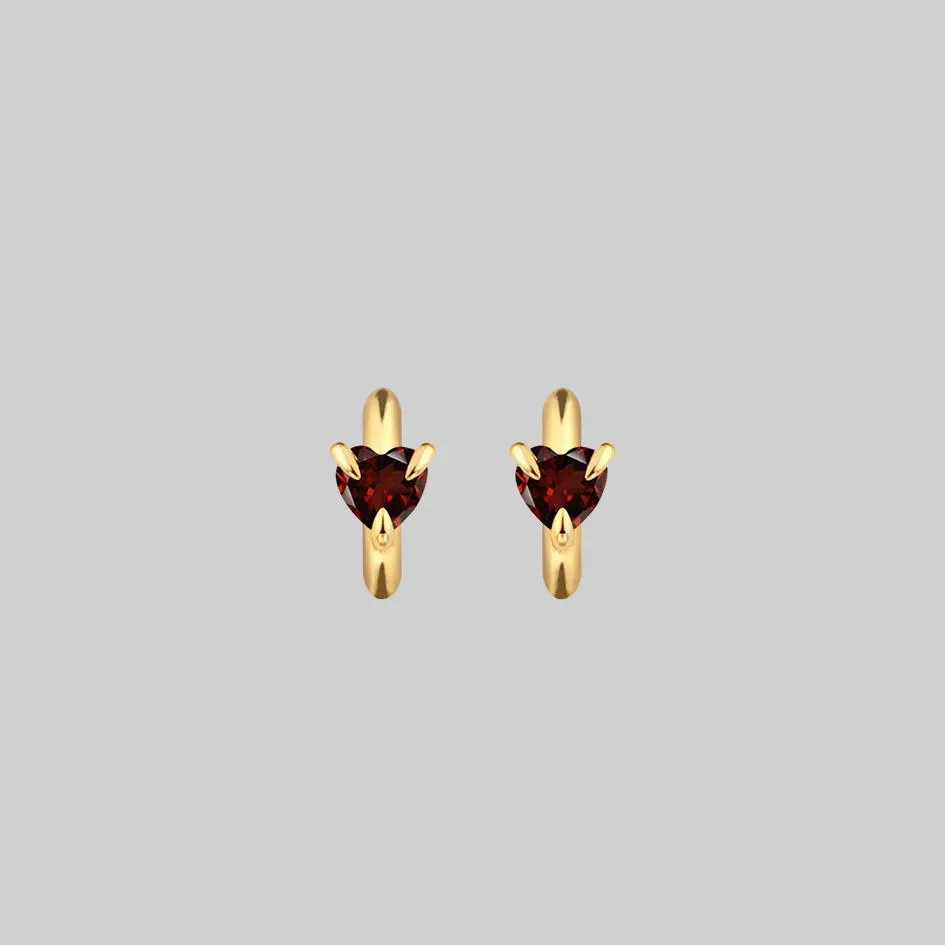 HEART & SOUL. Garnet Heart Hoop Earrings - Gold