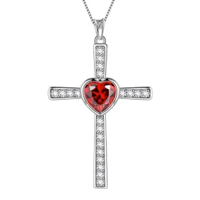 Heart Birthstone January Garnet Cross Necklace Pendant Women Girls Jewelry Birthday Gift