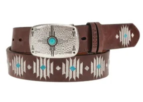 Hooey "Blue Diamond' Dark Brown with Ivory & Turquoise Embroidery Leather Belt HWBLT014