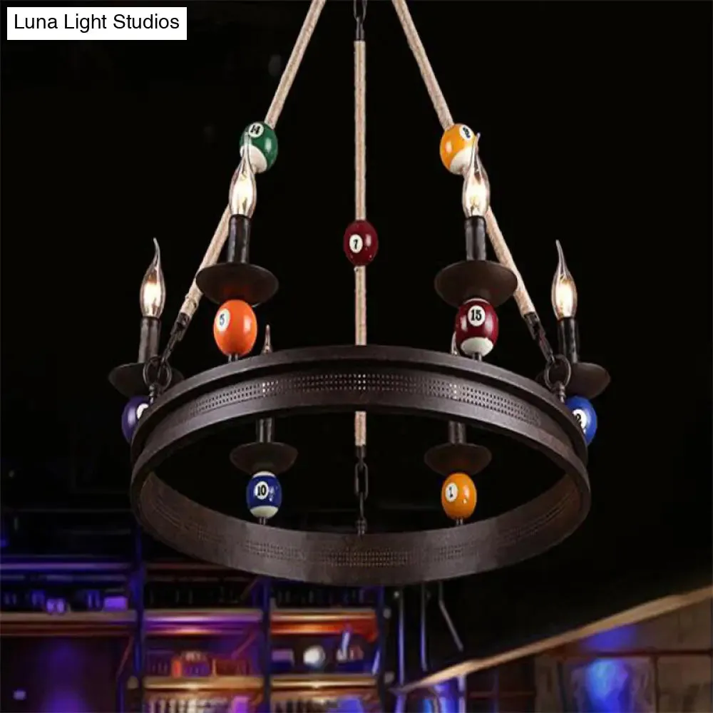 Industrial Ring Chandelier with Rustic Rope and Billiard Ball Deco - 6 Bulbs Metallic Pendant Light Fixture