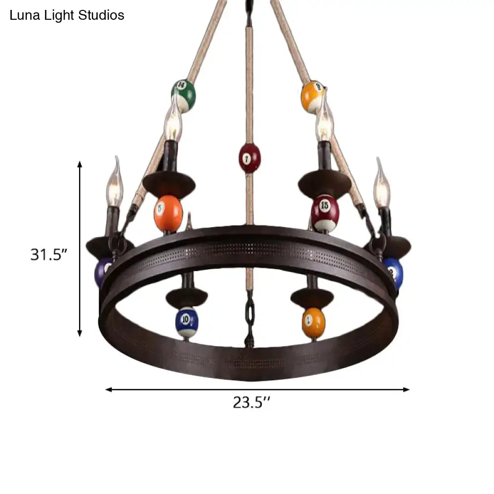 Industrial Ring Chandelier with Rustic Rope and Billiard Ball Deco - 6 Bulbs Metallic Pendant Light Fixture