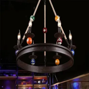 Industrial Ring Chandelier with Rustic Rope and Billiard Ball Deco - 6 Bulbs Metallic Pendant Light Fixture