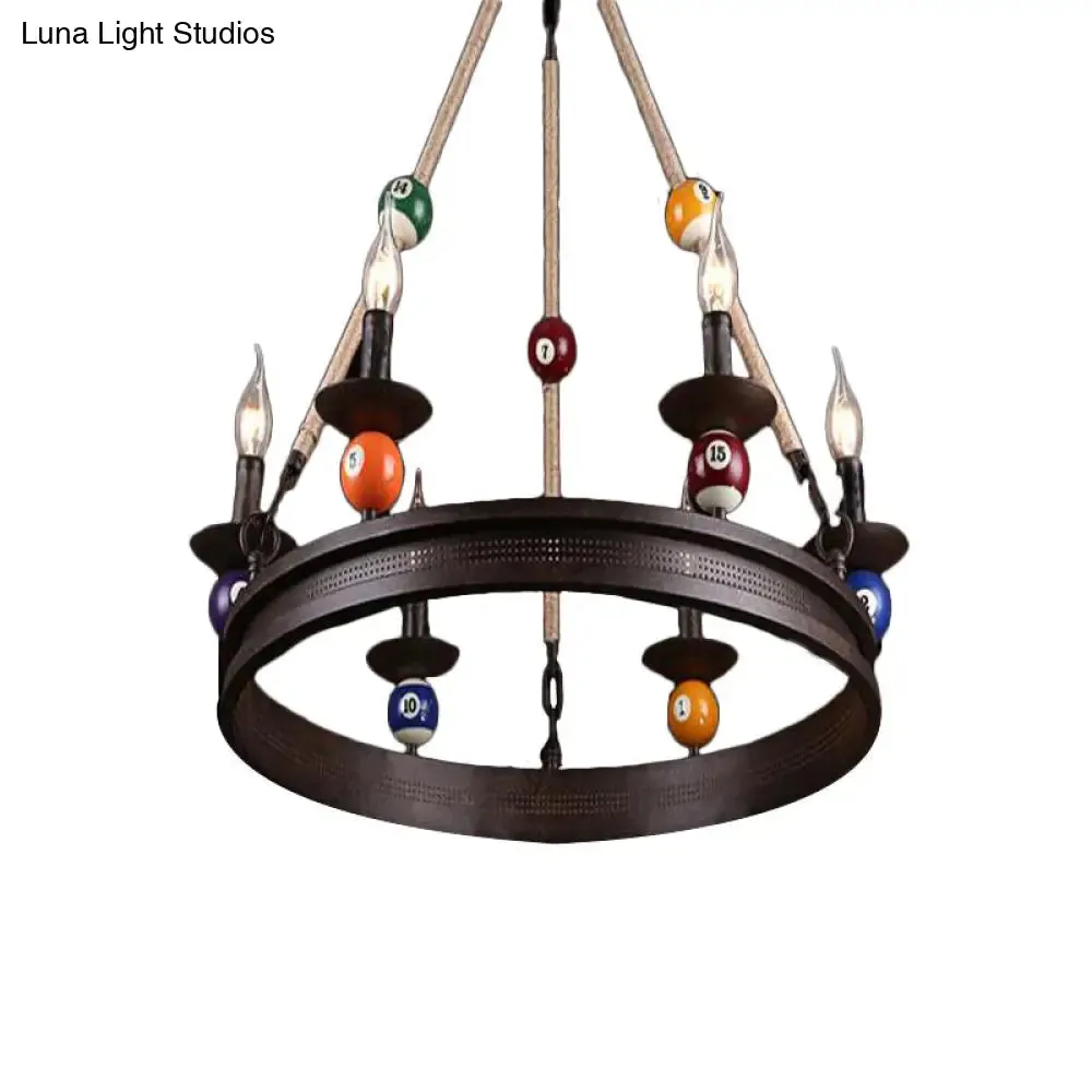 Industrial Ring Chandelier with Rustic Rope and Billiard Ball Deco - 6 Bulbs Metallic Pendant Light Fixture