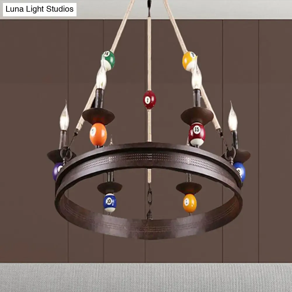 Industrial Ring Chandelier with Rustic Rope and Billiard Ball Deco - 6 Bulbs Metallic Pendant Light Fixture