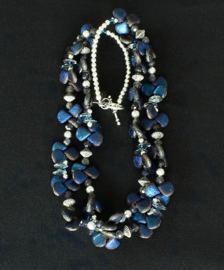 Iridescent Blue Czech Glass Teardrops 2-Strand Necklace with Iolite Faceted Rounds, Crystal Bicones, and Sterling Silver Beads & Toggle Clasp