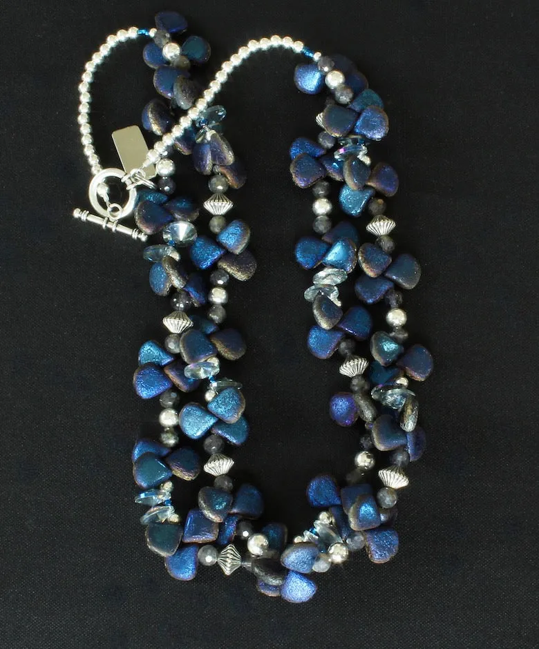 Iridescent Blue Czech Glass Teardrops 2-Strand Necklace with Iolite Faceted Rounds, Crystal Bicones, and Sterling Silver Beads & Toggle Clasp