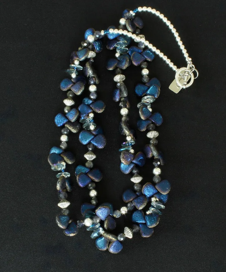 Iridescent Blue Czech Glass Teardrops 2-Strand Necklace with Iolite Faceted Rounds, Crystal Bicones, and Sterling Silver Beads & Toggle Clasp