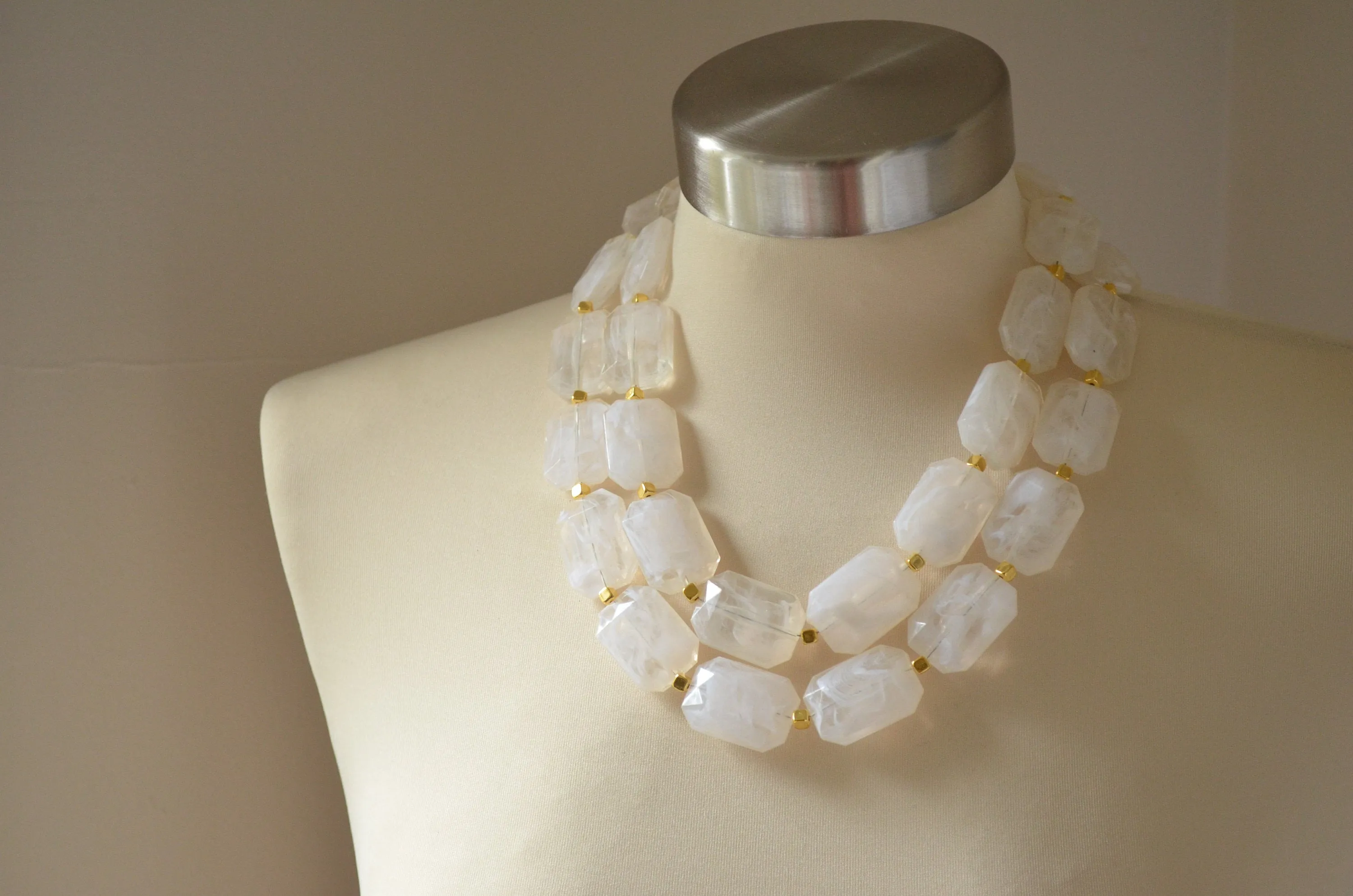 Ivory Acrylic Beaded Multi Strand Chunky Statement Necklace - Jenny