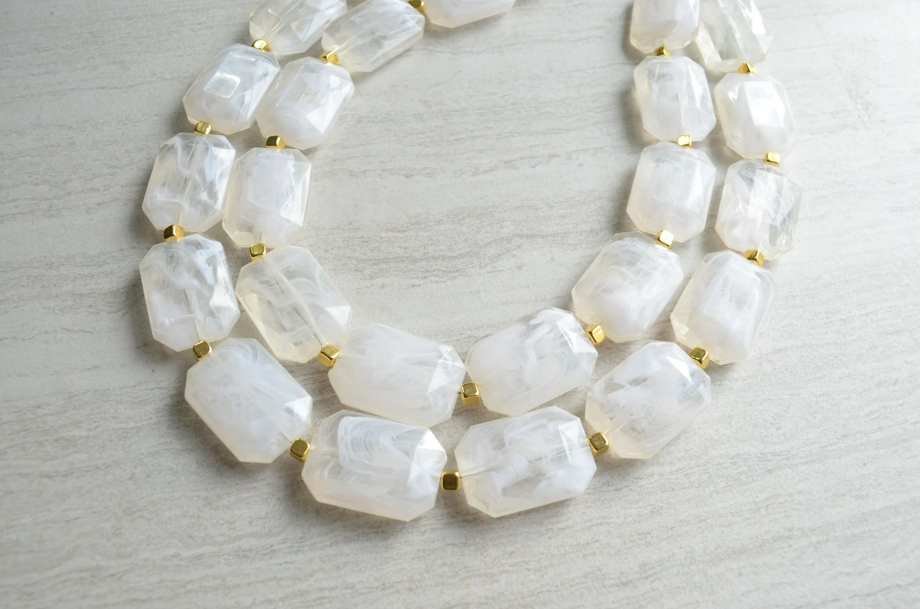 Ivory Acrylic Beaded Multi Strand Chunky Statement Necklace - Jenny