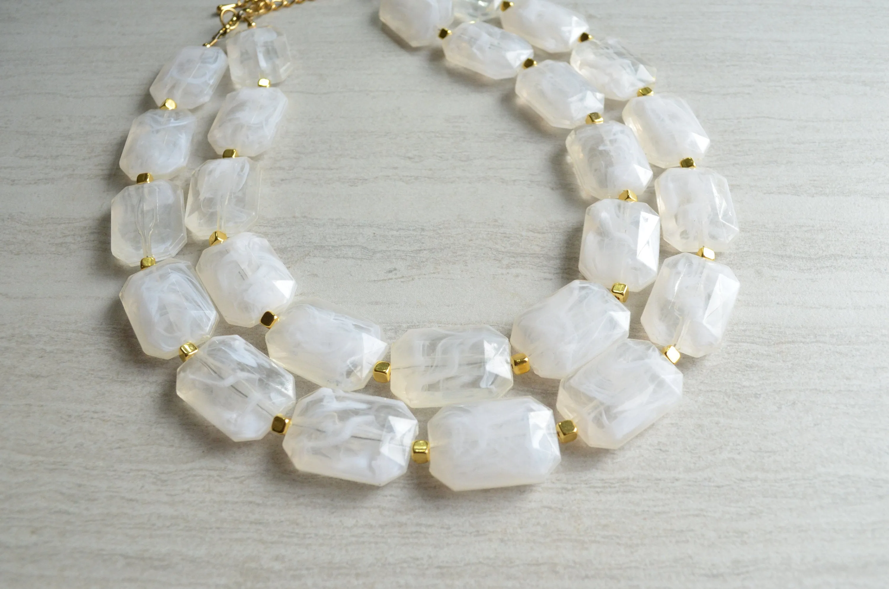 Ivory Acrylic Beaded Multi Strand Chunky Statement Necklace - Jenny