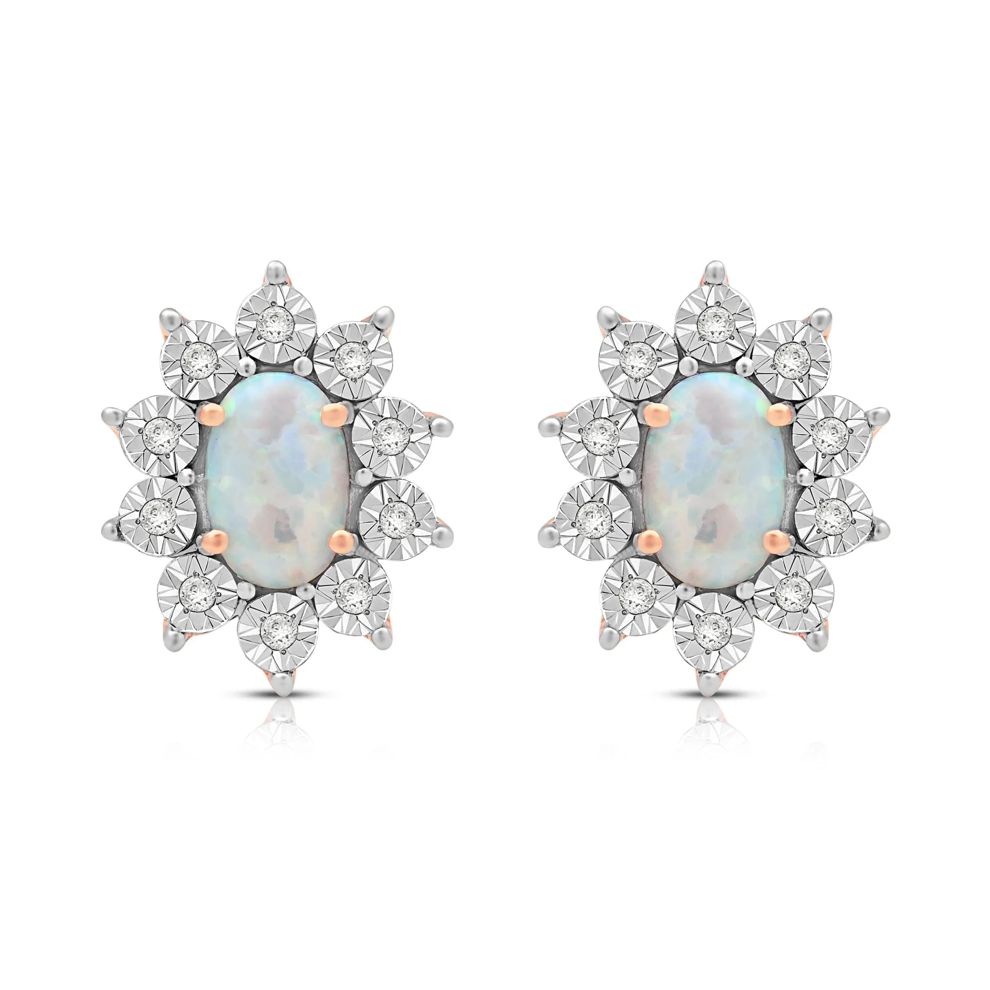 Jewelili 18K Yellow Gold over Sterling Silver 6x4 MM Oval Cut Created Opal and Natural White Round Diamond Accent Halo Stud Earrings