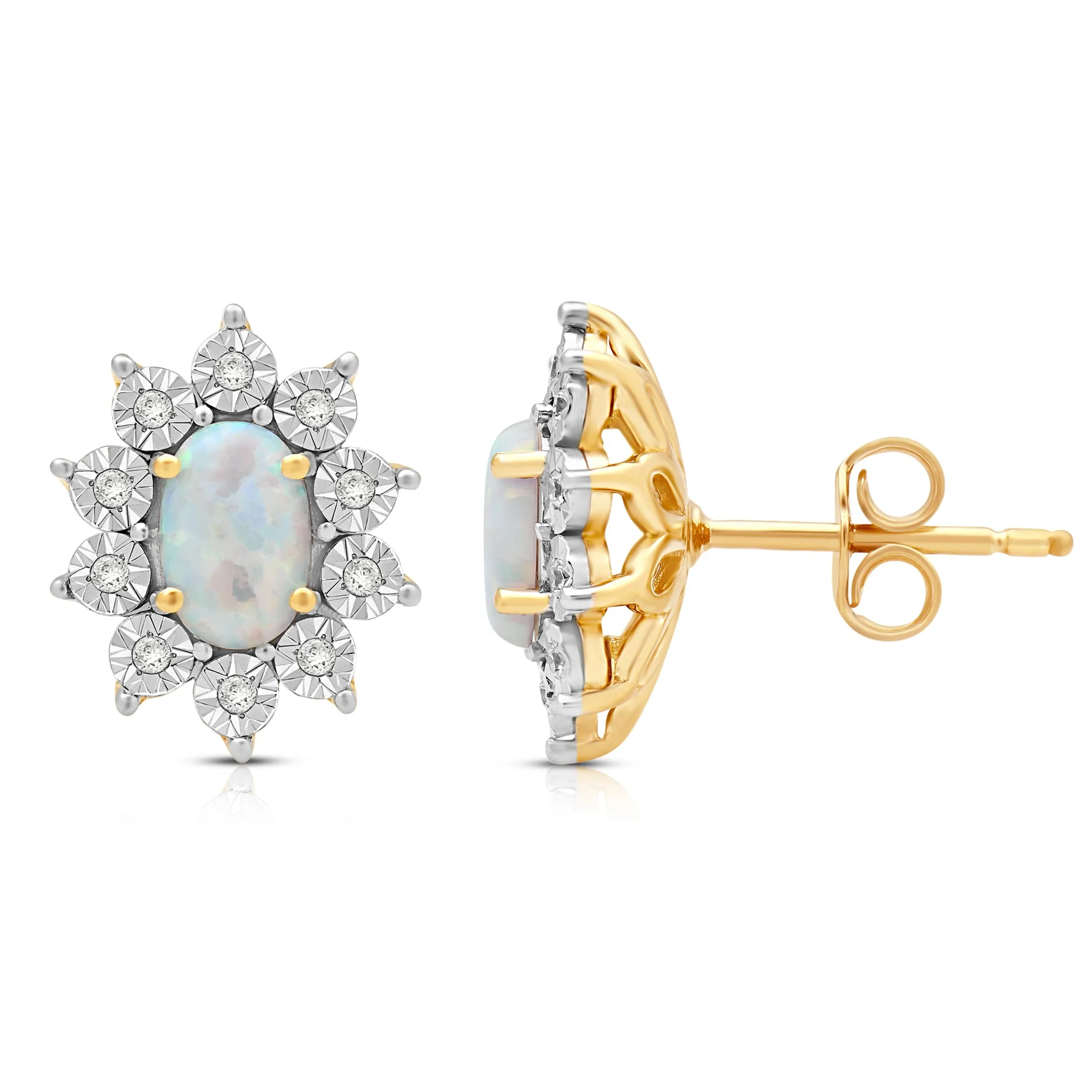 Jewelili 18K Yellow Gold over Sterling Silver 6x4 MM Oval Cut Created Opal and Natural White Round Diamond Accent Halo Stud Earrings