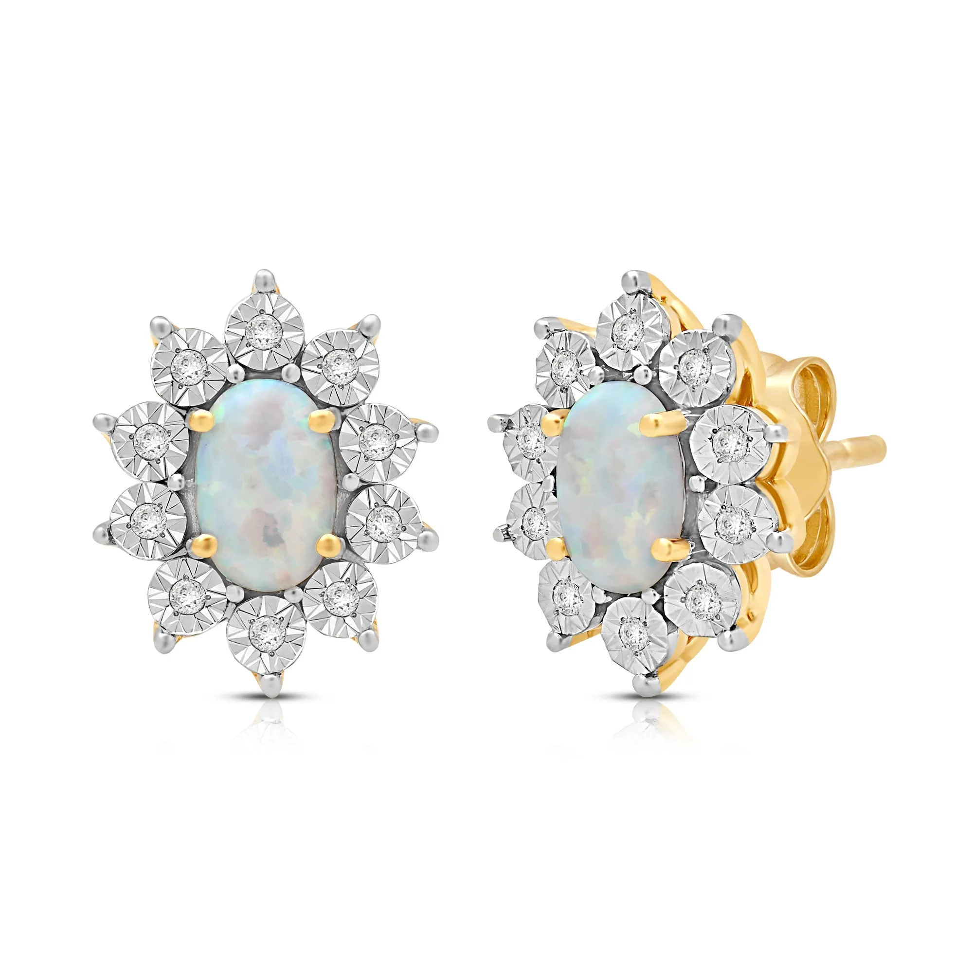 Jewelili 18K Yellow Gold over Sterling Silver 6x4 MM Oval Cut Created Opal and Natural White Round Diamond Accent Halo Stud Earrings