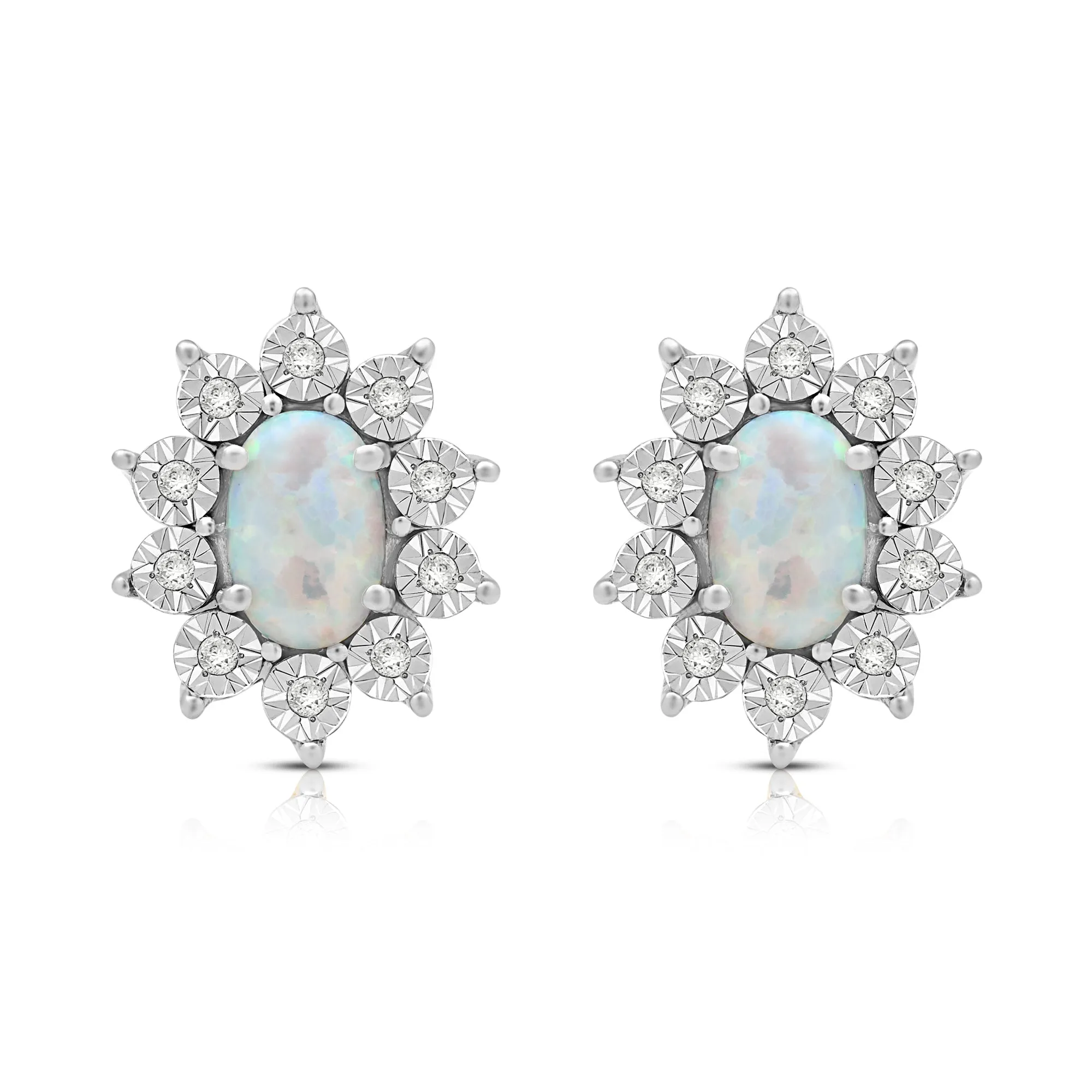 Jewelili Sterling Silver 6x4 MM Oval Cut Created Opal and Natural White Round Diamond Accent Halo Stud Earrings