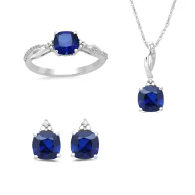 Jewelili Sterling Silver With Cushion Created Blue Sapphire and Round Cubic Zirconia Ring, Pendant Necklace and Stud Earrings Jewelry Set