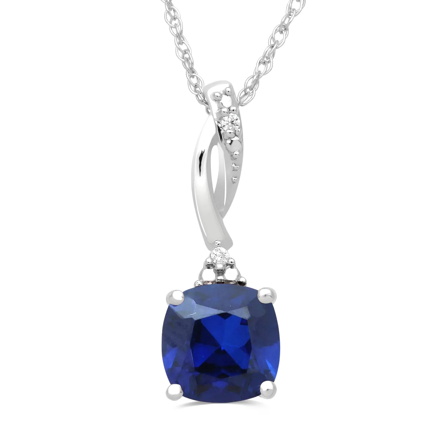 Jewelili Sterling Silver With Cushion Created Blue Sapphire and Round Cubic Zirconia Ring, Pendant Necklace and Stud Earrings Jewelry Set