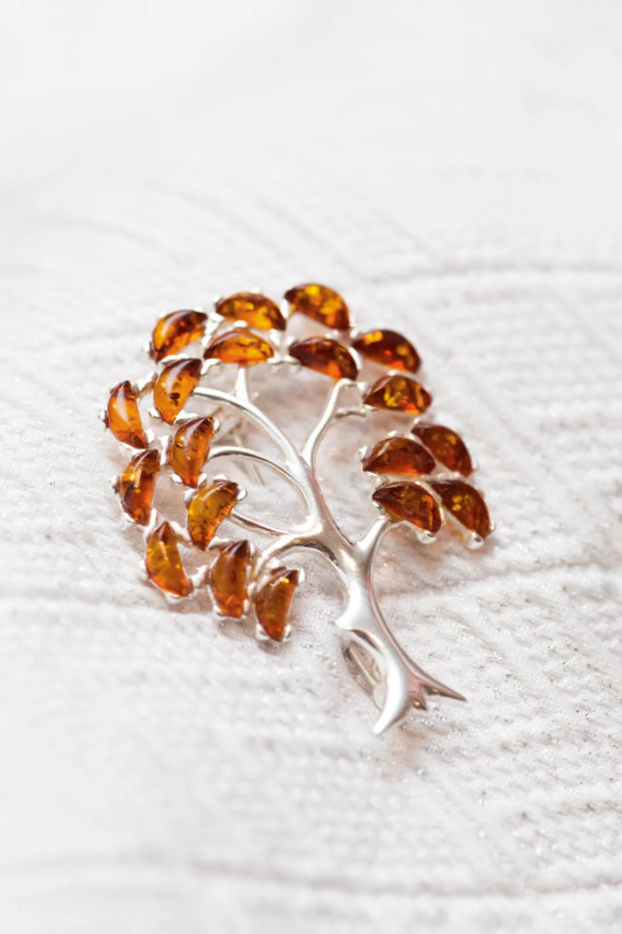 Large Amber Tree Brooch - Sterling Silver Body with Baltic Amber Leaves | Elegant & Timeless Jewelry