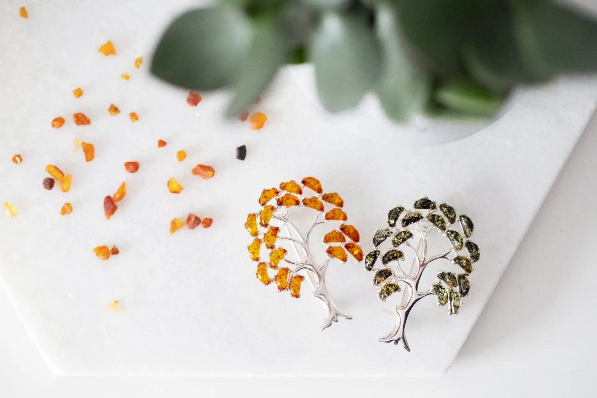 Large Amber Tree Brooch - Sterling Silver Body with Baltic Amber Leaves | Elegant & Timeless Jewelry