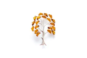 Large Amber Tree Brooch - Sterling Silver Body with Baltic Amber Leaves | Elegant & Timeless Jewelry