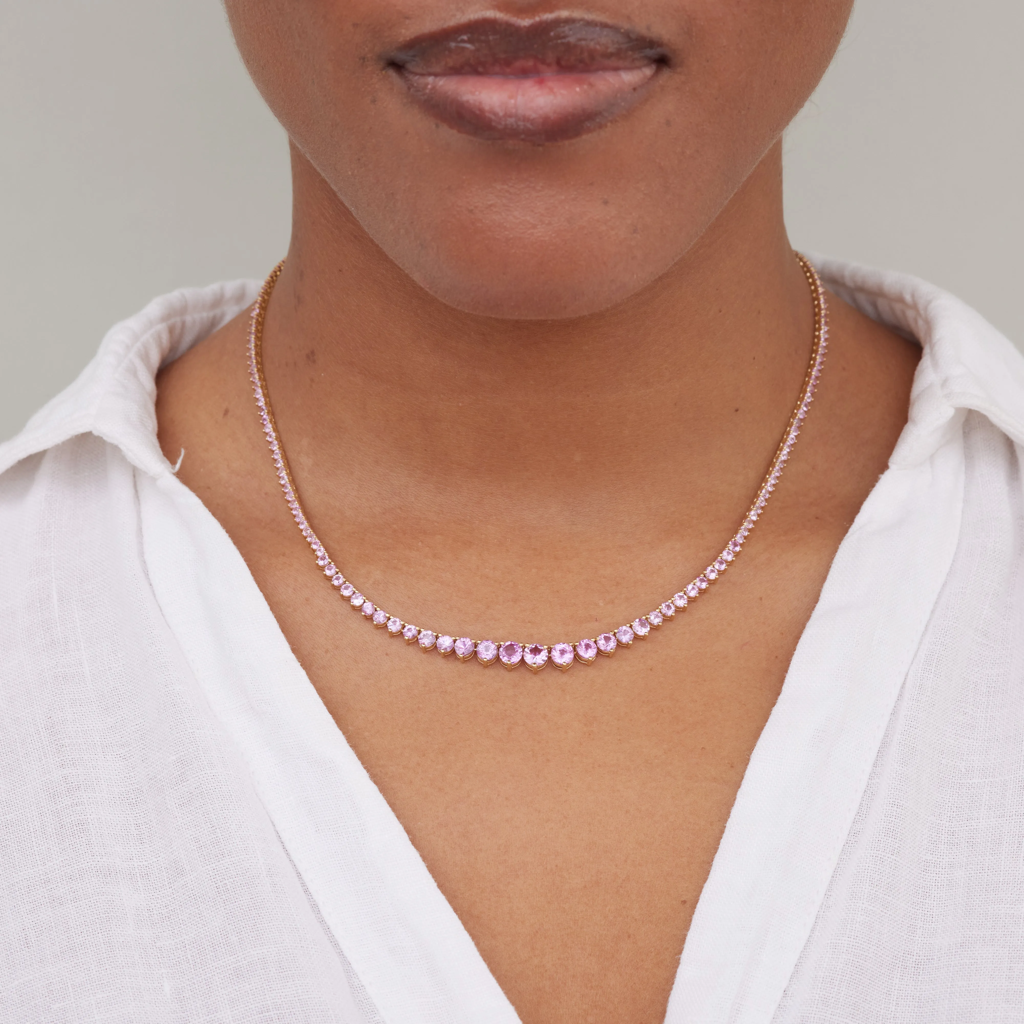 Large Graduated 3-Prong Pink Sapphire Tennis Necklace