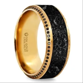 Lava Inlaid Yellow Gold Ring Polished Beveled Edges Set with Round Black Diamonds