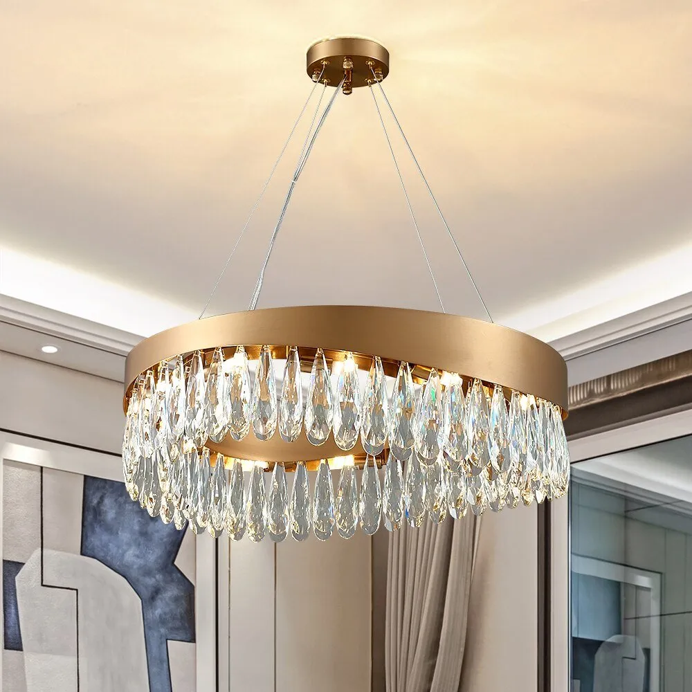 Led Brushed Gold Living Room Chandelier Art Design Luxury K9 Crystal Lamp Light Fixture Modern Round