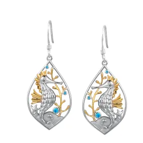 Life@Sea Genuine Sterling Silver and 14k Yellow Gold Seahorse Dangle Earrings with Synthetic Opal Accents