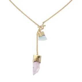 LONG CRYSTAL NECKLACE WITH AQUAMARINE & KUNZITE CRYSTALS - GOLD