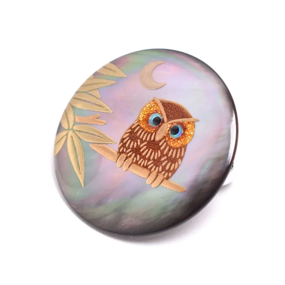 Maki-e Urushi Lacquer Brooch - Black Lip Oyster Pearl Shell / Owl -, Traditional Japanese Urushi Lacquer Jewelry