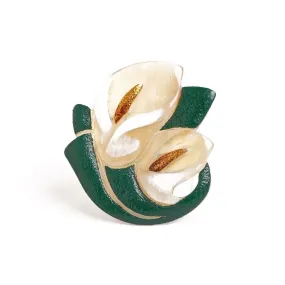 Maki-e Urushi Lacquer Brooch - Water Buffalo Horn / Calla Lily -, Traditional Japanese Urushi Lacquer Jewelry