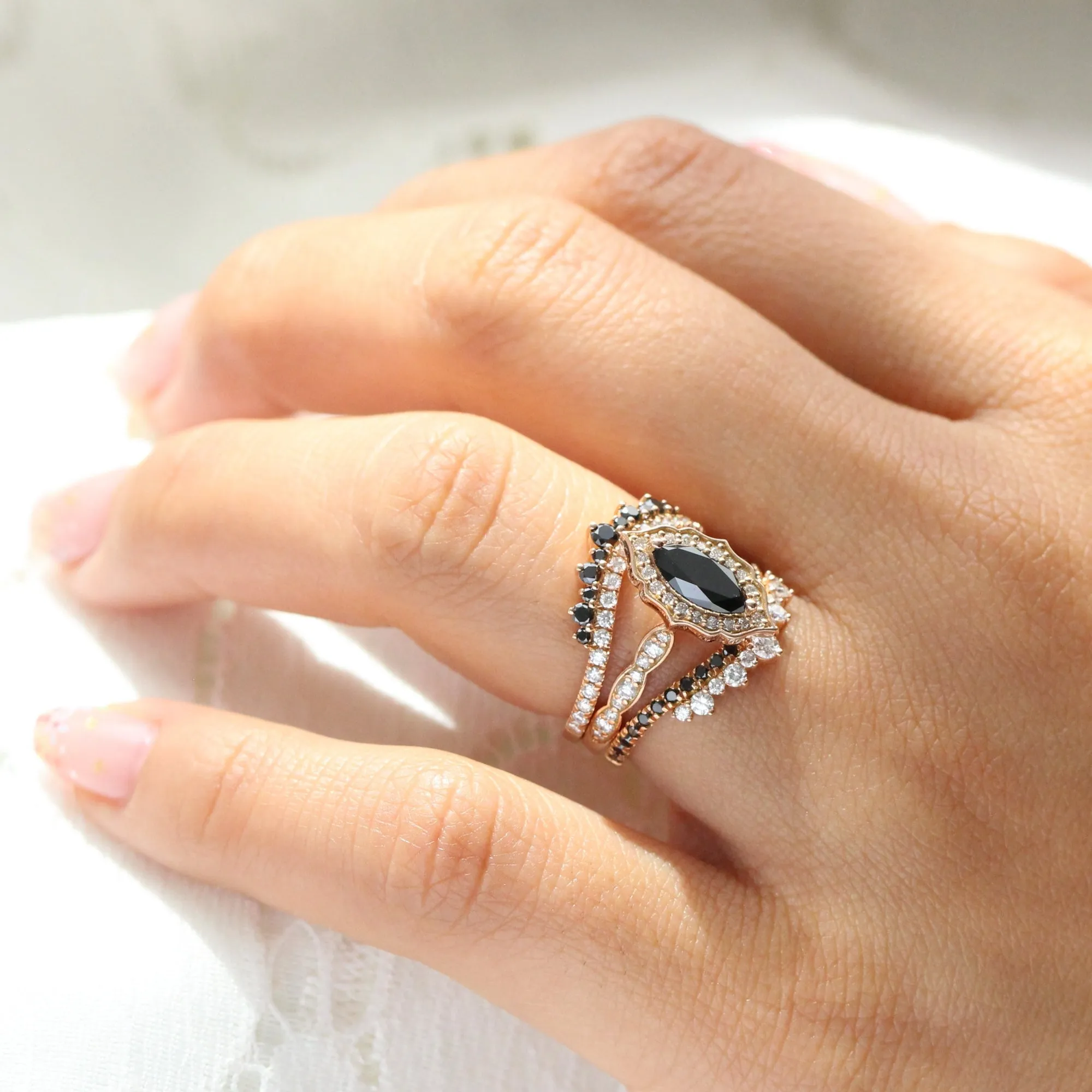 Marquise Black Diamond Ring in Vintage Floral Scalloped Band