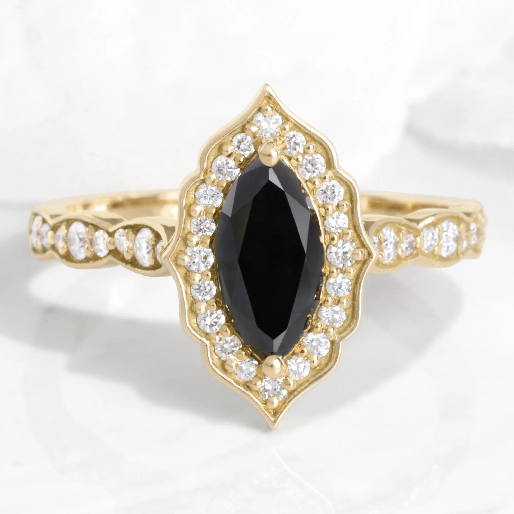 Marquise Black Diamond Ring in Vintage Floral Scalloped Band