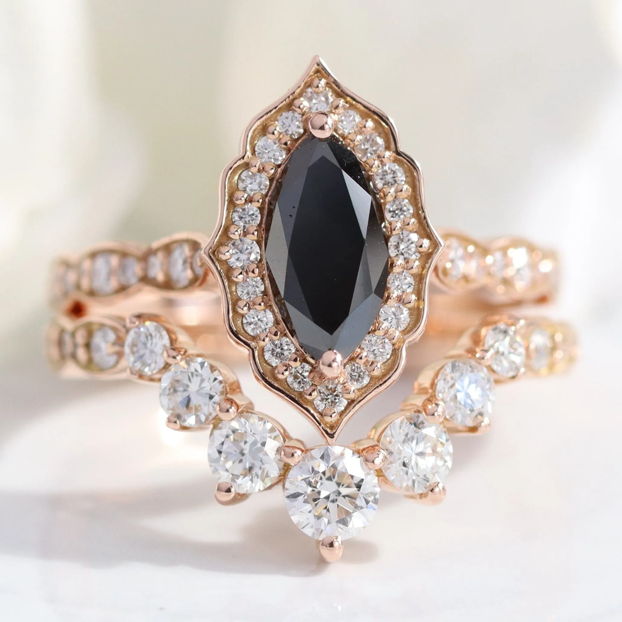 Marquise Black Diamond Ring in Vintage Floral Scalloped Band