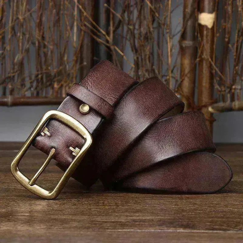 Men's Cowhide Vintage Distressed Pleated Brass Buckle Belt