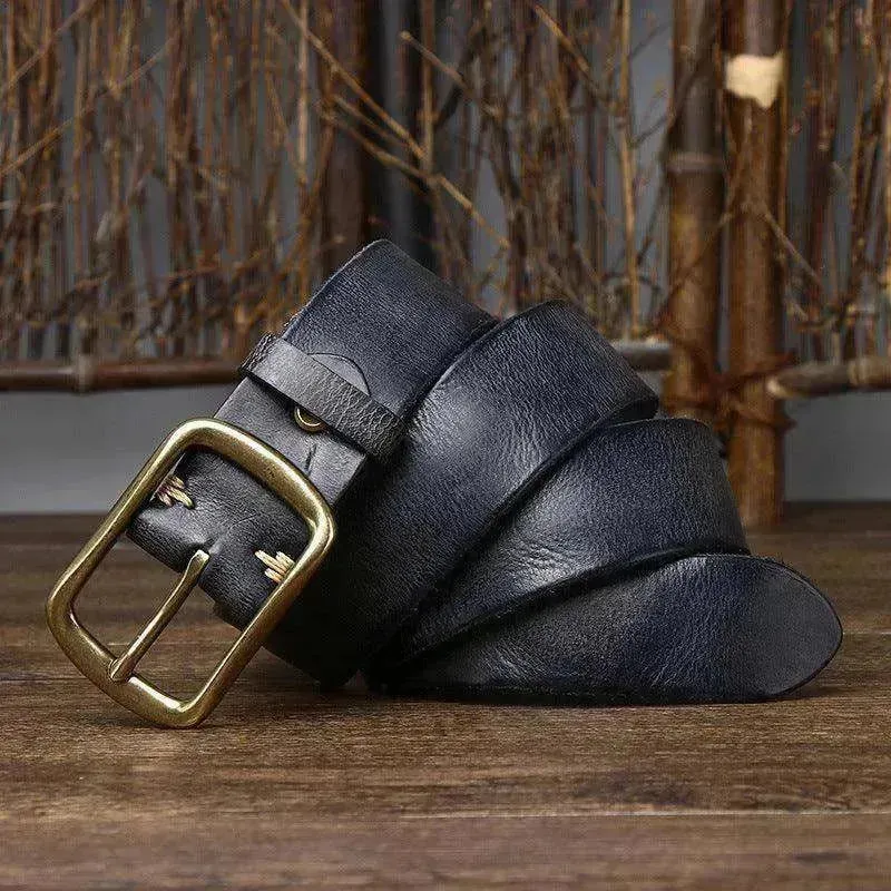 Men's Cowhide Vintage Distressed Pleated Brass Buckle Belt