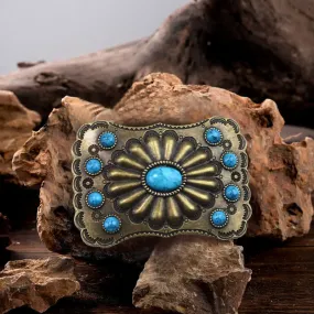 Men's DIY Western Turquoise Stone Rectangle Buckle Leather Belt