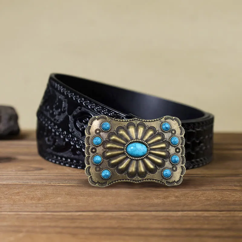 Men's DIY Western Turquoise Stone Rectangle Buckle Leather Belt