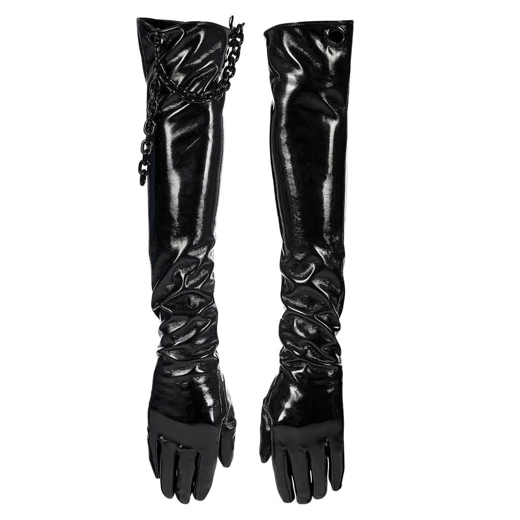 Men's Punk Patent Leather Long Gloves with Chain