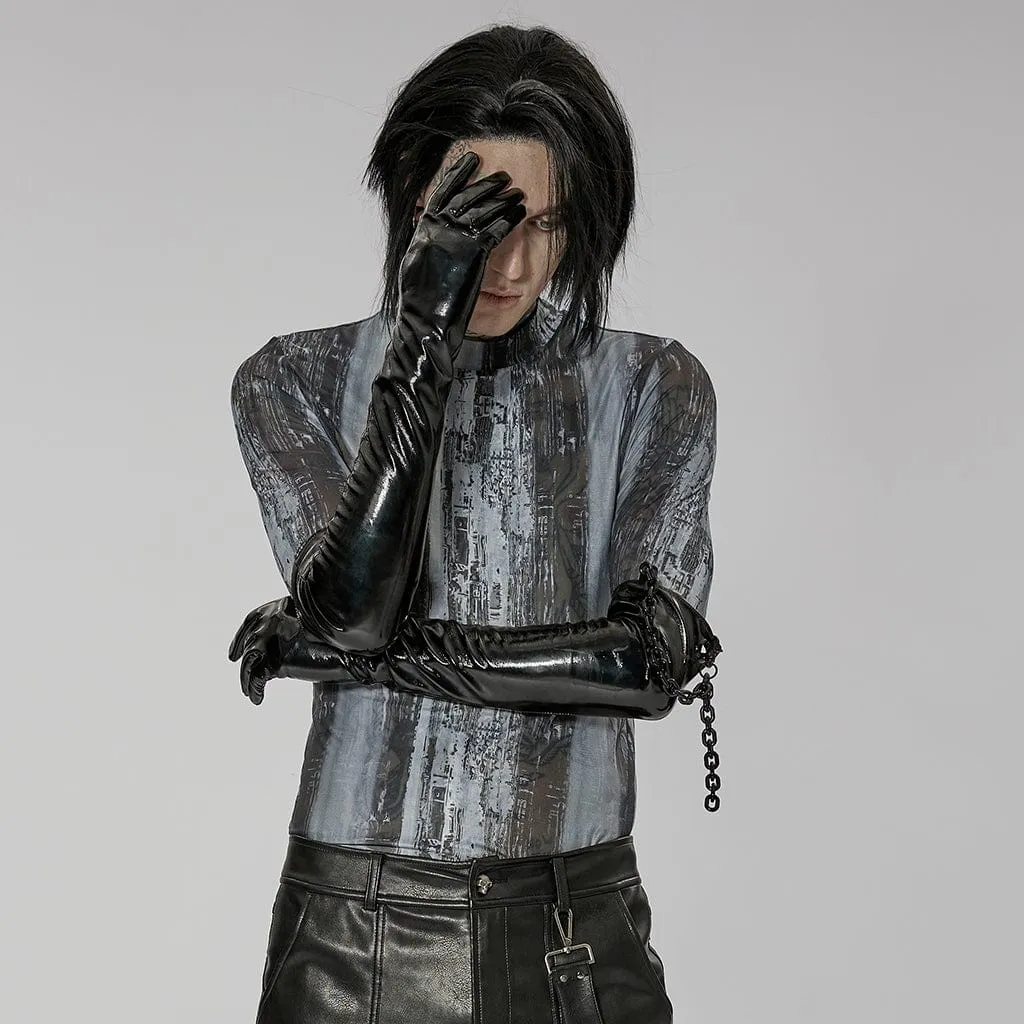 Men's Punk Patent Leather Long Gloves with Chain