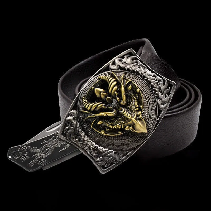 Men's Sharp-billed Dragon Leather Belt With Folding Knife