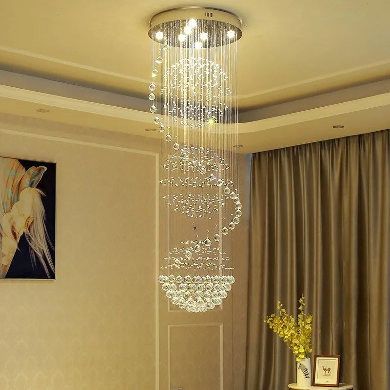 Modern Long LED Spiral Living Crystal Chandeliers Lighting Fixture For Staircase Lamp  Hotel Hall