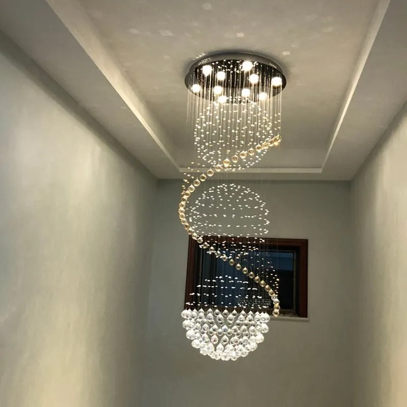 Modern Long LED Spiral Living Crystal Chandeliers Lighting Fixture For Staircase Lamp  Hotel Hall