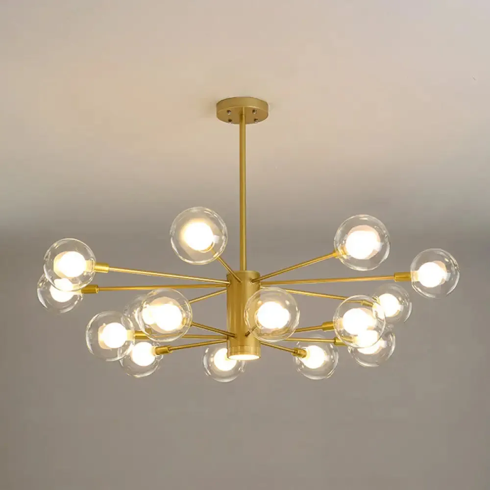 Modern Starburst Hanging Chandelier Light for Living Room - Clear Globe Glass Ceiling Pendant