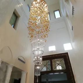 Modern Waterfall Glass Gem Stone&Teardrop Chandelier With Round Canopy for Villa/Hotel/Entryway/Living Room