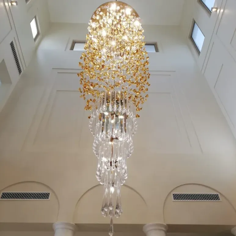 Modern Waterfall Glass Gem Stone&Teardrop Chandelier With Round Canopy for Villa/Hotel/Entryway/Living Room