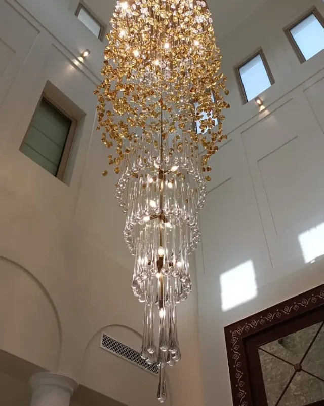 Modern Waterfall Glass Gem Stone&Teardrop Chandelier With Round Canopy for Villa/Hotel/Entryway/Living Room