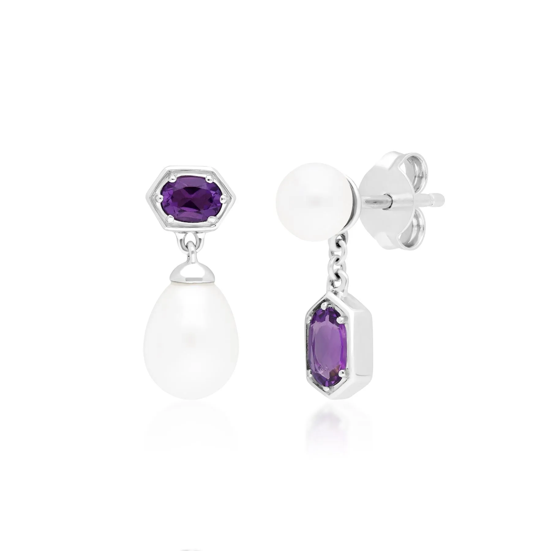 Moderne Perle & Amethyst Ring & Tropfen Ohrring Satz in Sterling Silber