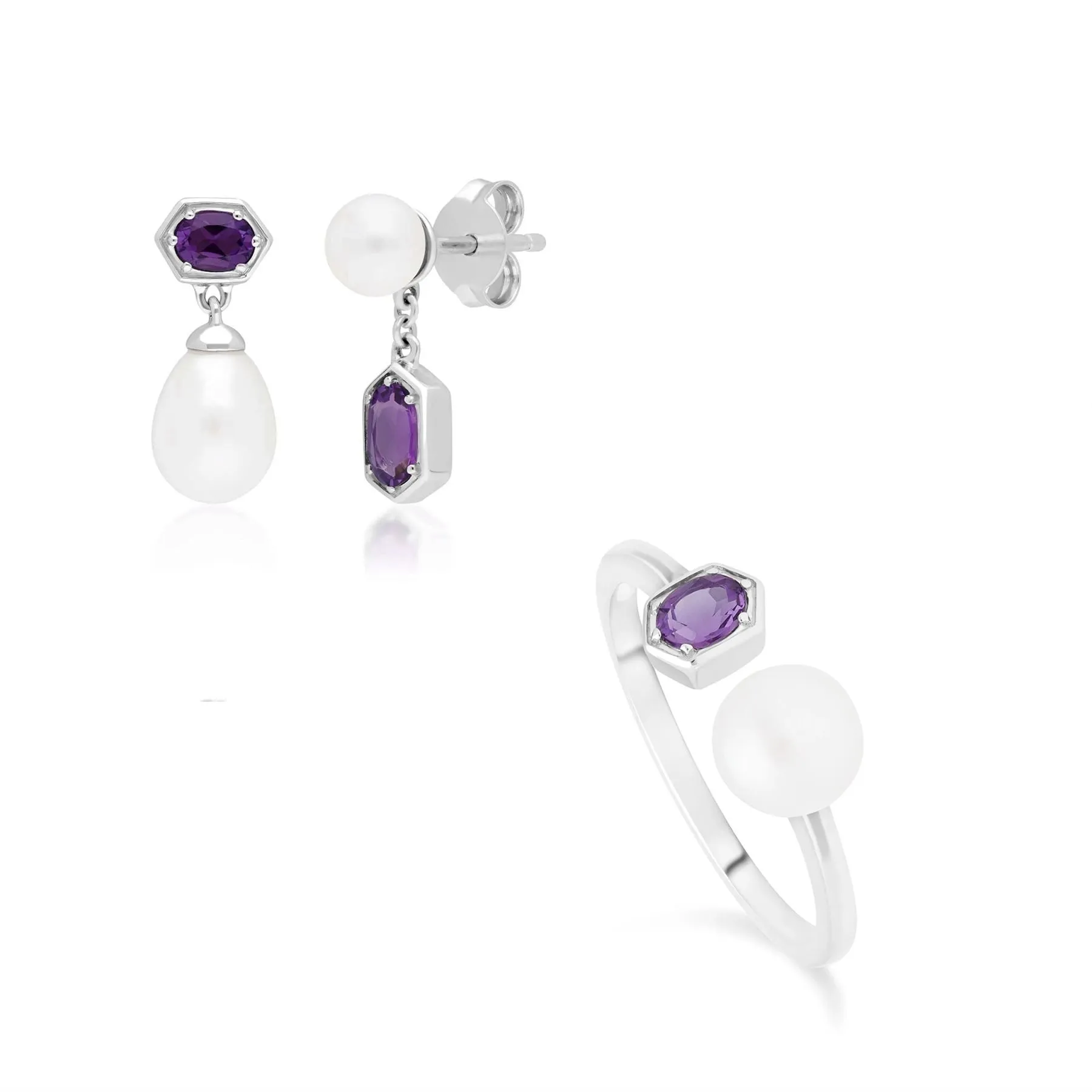 Moderne Perle & Amethyst Ring & Tropfen Ohrring Satz in Sterling Silber